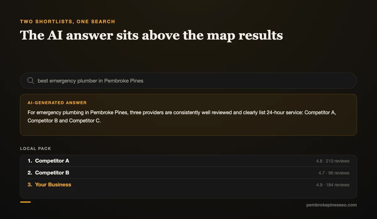 Google results page showing an AI Overview above the local pack for a Broward service search