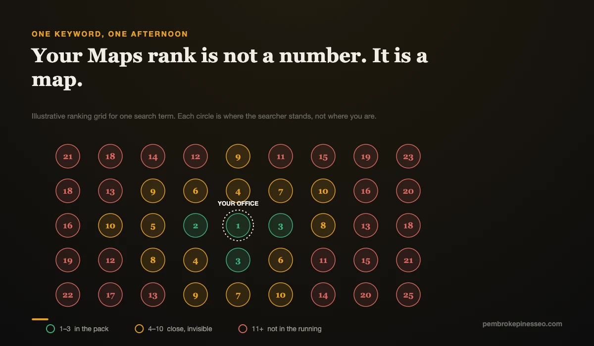 Illustrative Google Maps ranking grid showing positions worsening with distance from the office